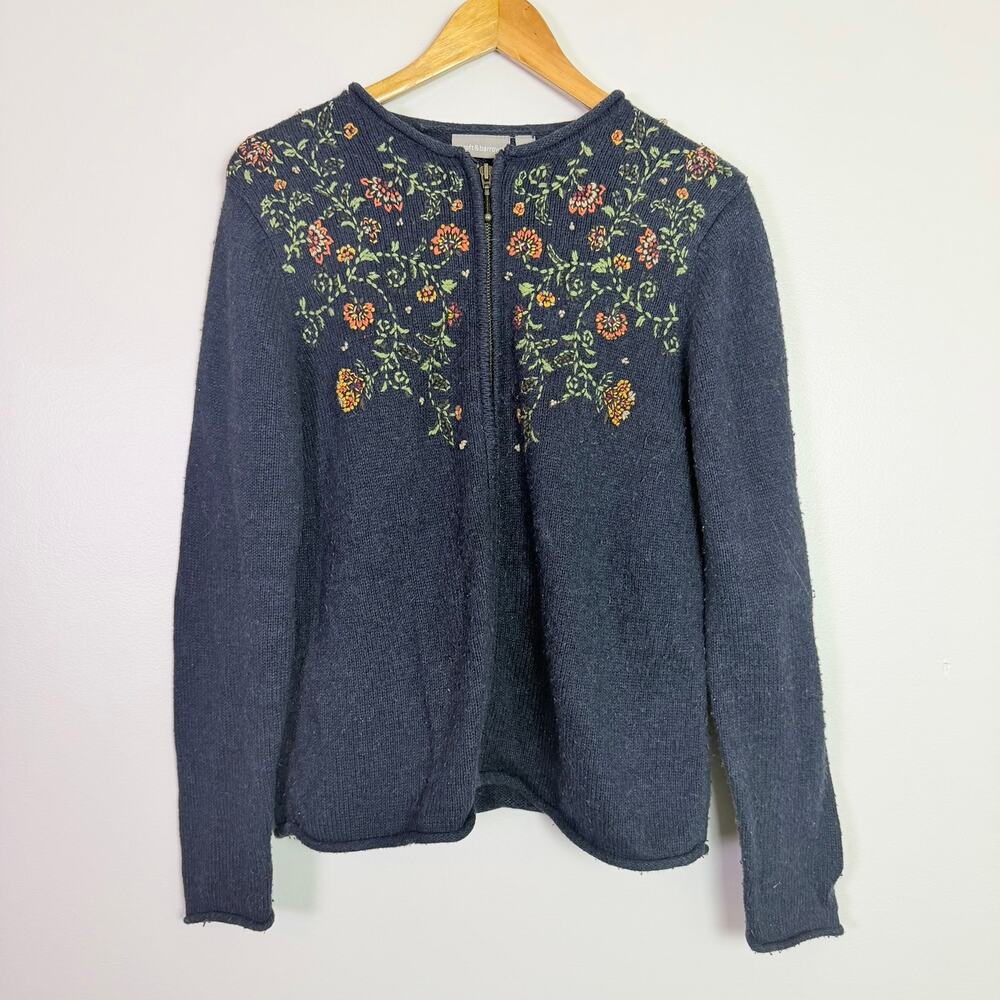Vintage Croft & Barrow Embroidered Floral Cardigan Women's S Silk Blend Roll Hem
